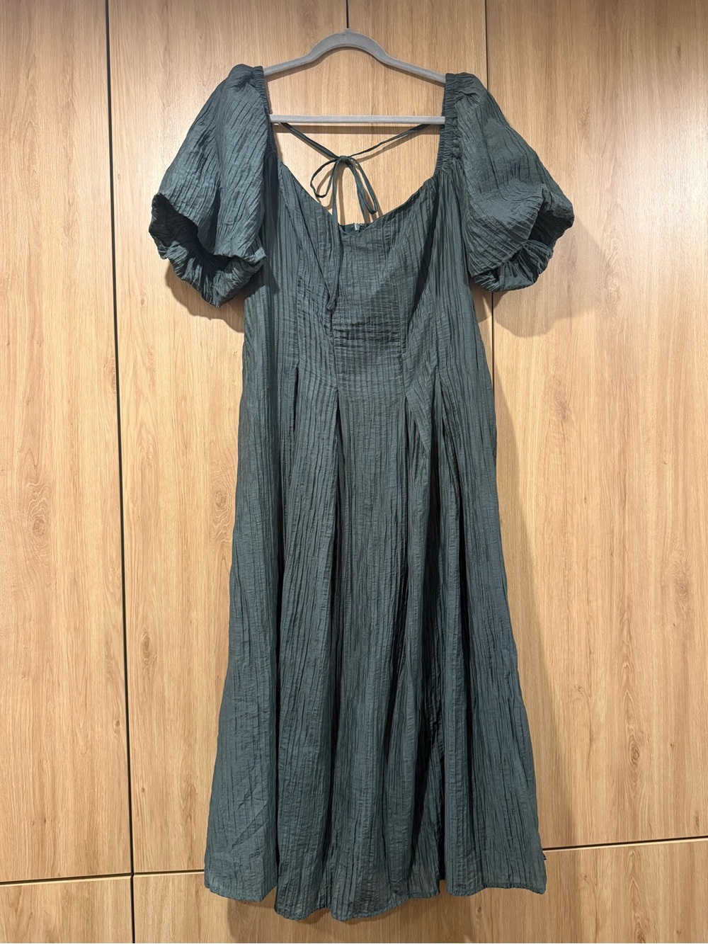 Lulu's Slate Green Puff-Sleeve Maxi Dress with Tie-Back